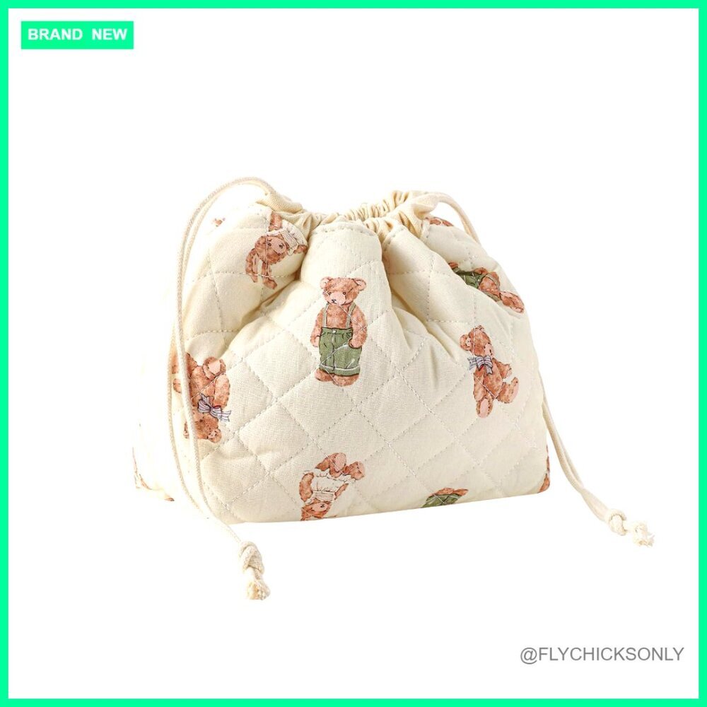 Quilted Drawstring Makeup Bag Canvas Lining Travel Toiletry Cosmetic